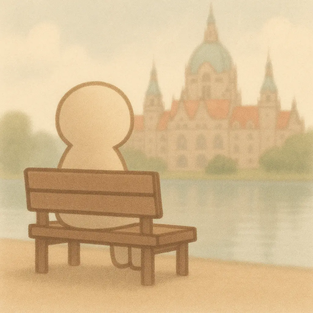 Eine Person, die auf einer Bank an einem See am Rathaus in Hannover sitzt.